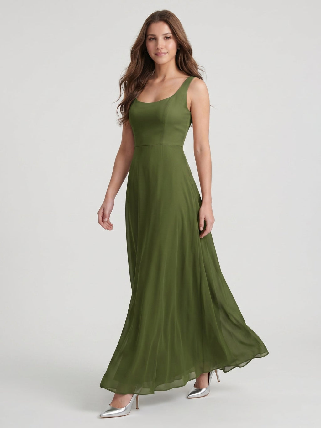 Olive Green Chiffon Column Scoop Neck Backless Floor-Length Bridesmaid Dress - Curvevia