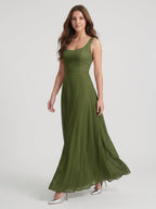 Olive Green Chiffon Column Scoop Neck Backless Floor-Length Bridesmaid Dress - Curvevia
