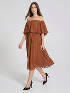 Terracotta Chiffon A-Line Off-the-Shoulder Backless Tea-Length Ruffle Bridesmaid Dress - Curvevia
