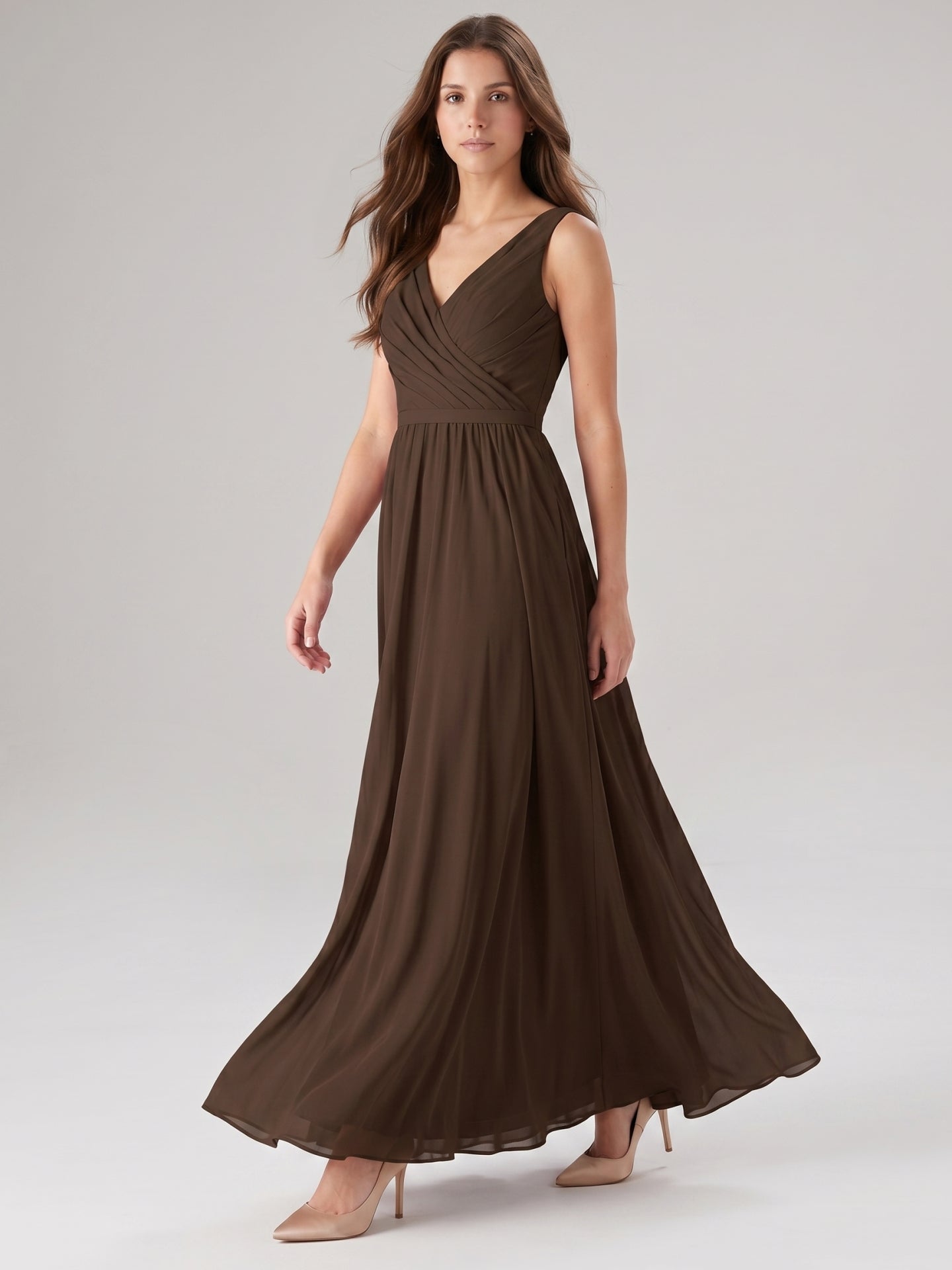 Mocha Chiffon A-Line V-Neck V-Back Floor-Length Bridesmaid Dress with Bow - Curvevia