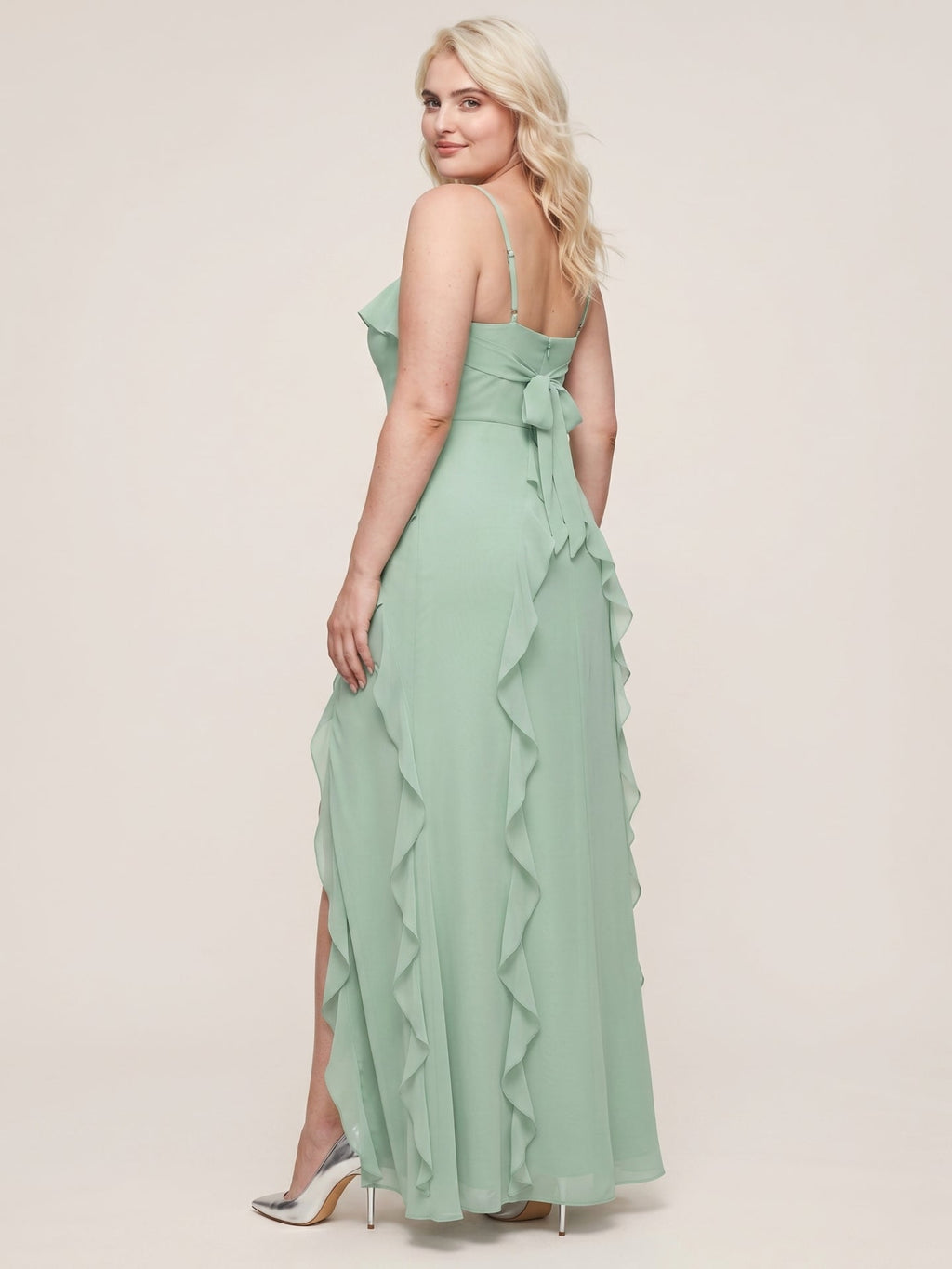 Elegant Mint Green Chiffon A-Line Straight Neck Backless with Ruffle Ankle-Length Plus Size Bridesmaid Dress - Curvevia