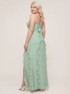 Elegant Mint Green Chiffon A-Line Straight Neck Backless with Ruffle Ankle-Length Plus Size Bridesmaid Dress - Curvevia