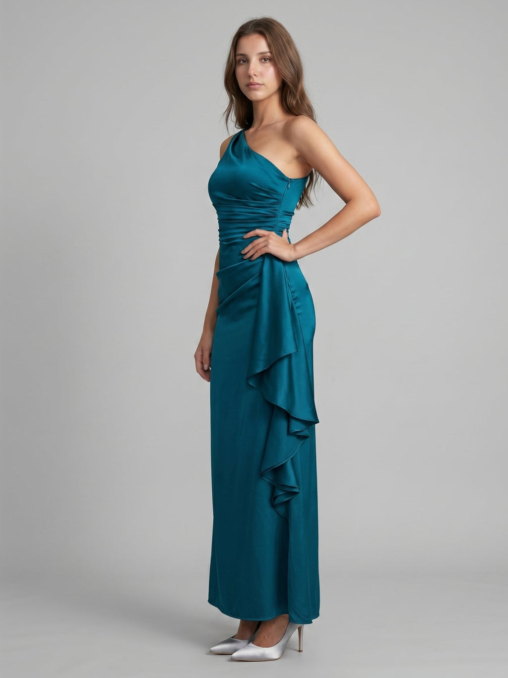 Teal Satin Sheath One Shoulder Side Zip Ankle-Length Ruffle Bridesmaid Dress - Curvevia