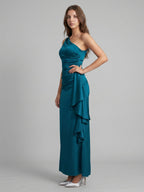 Teal Satin Sheath One Shoulder Side Zip Ankle-Length Ruffle Bridesmaid Dress - Curvevia