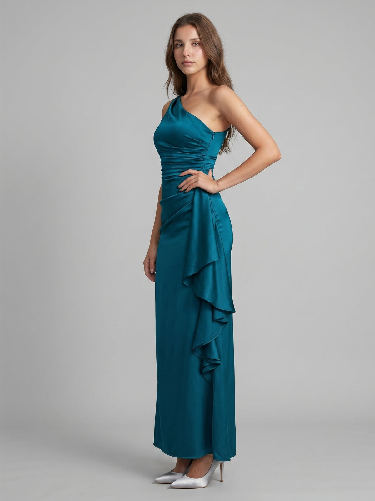 Teal Satin Sheath One Shoulder Side Zip Ankle-Length Ruffle Bridesmaid Dress - Curvevia