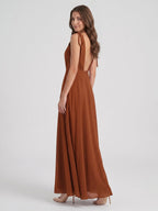 Terracotta Chiffon A-Line V-Neck Backless Floor-Length Bridesmaid Dress with Bow - Curvevia