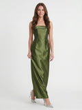 Olive Green Satin Sheath Off-the-Shoulder Backless Floor-Length Bridesmaid Dress - Curvevia