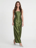 Olive Green Satin Sheath Off-the-Shoulder Backless Floor-Length Bridesmaid Dress - Curvevia