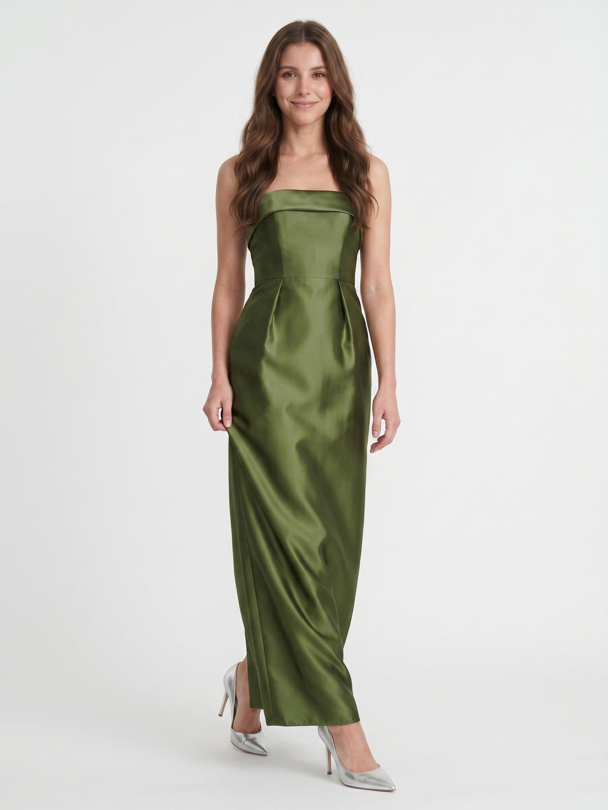 Olive Green Satin Sheath Off-the-Shoulder Backless Floor-Length Bridesmaid Dress - Curvevia