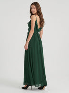 Forest Green Chiffon A-Line V-Neck V-Back Floor-Length Ruffle Bridesmaid Dress - Curvevia