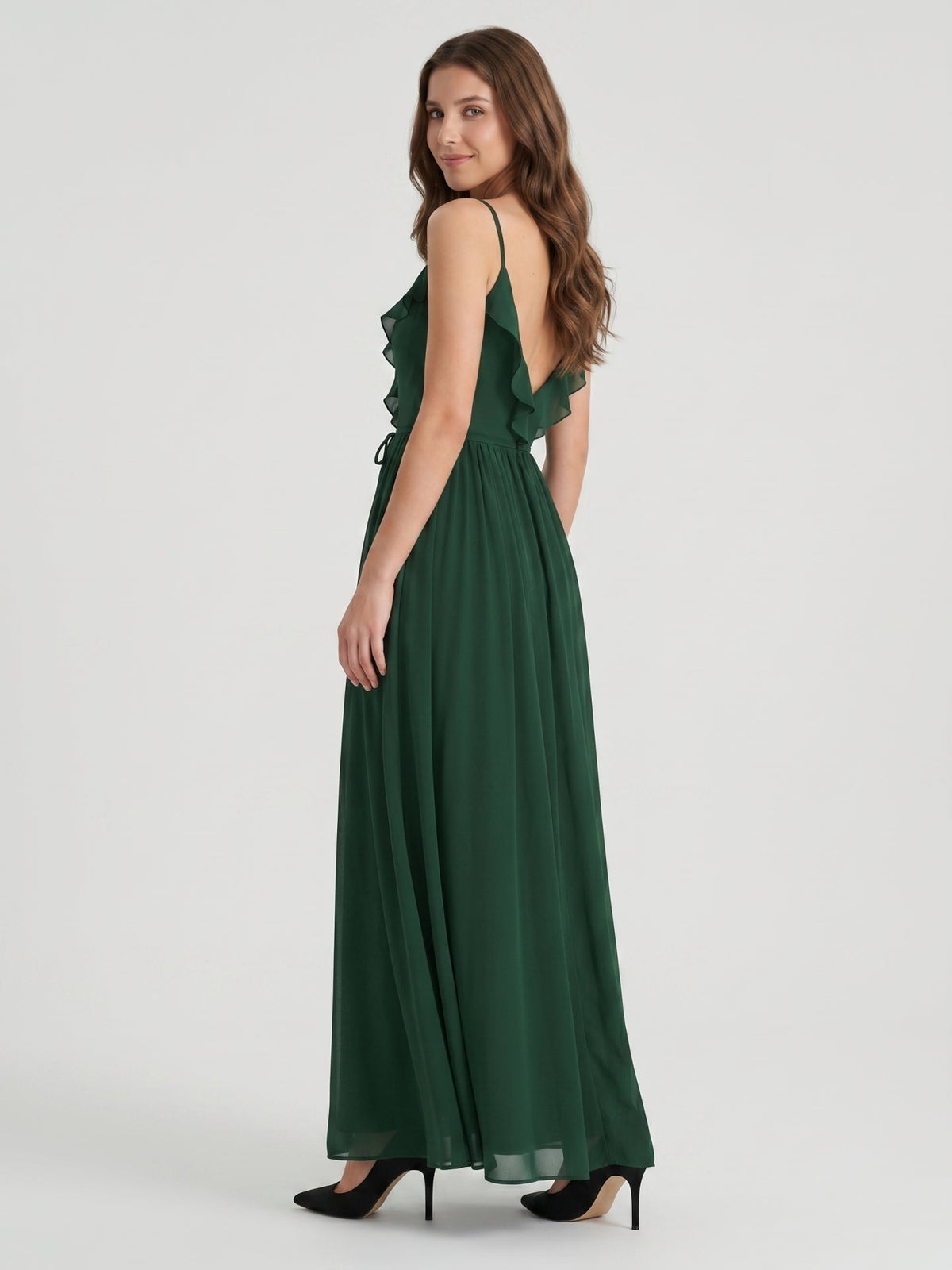 Forest Green Chiffon A-Line V-Neck V-Back Floor-Length Ruffle Bridesmaid Dress - Curvevia