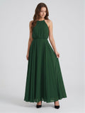 Forest Green Chiffon A-Line Halter Backless Floor-Length Pleated Bridesmaid Dress - Curvevia