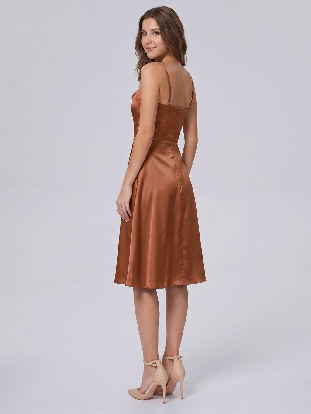 Terracotta Satin A-Line Cowl Neck Backless Knee-Length Bridesmaid Dress - Curvevia