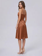 Terracotta Satin A-Line Cowl Neck Backless Knee-Length Bridesmaid Dress - Curvevia