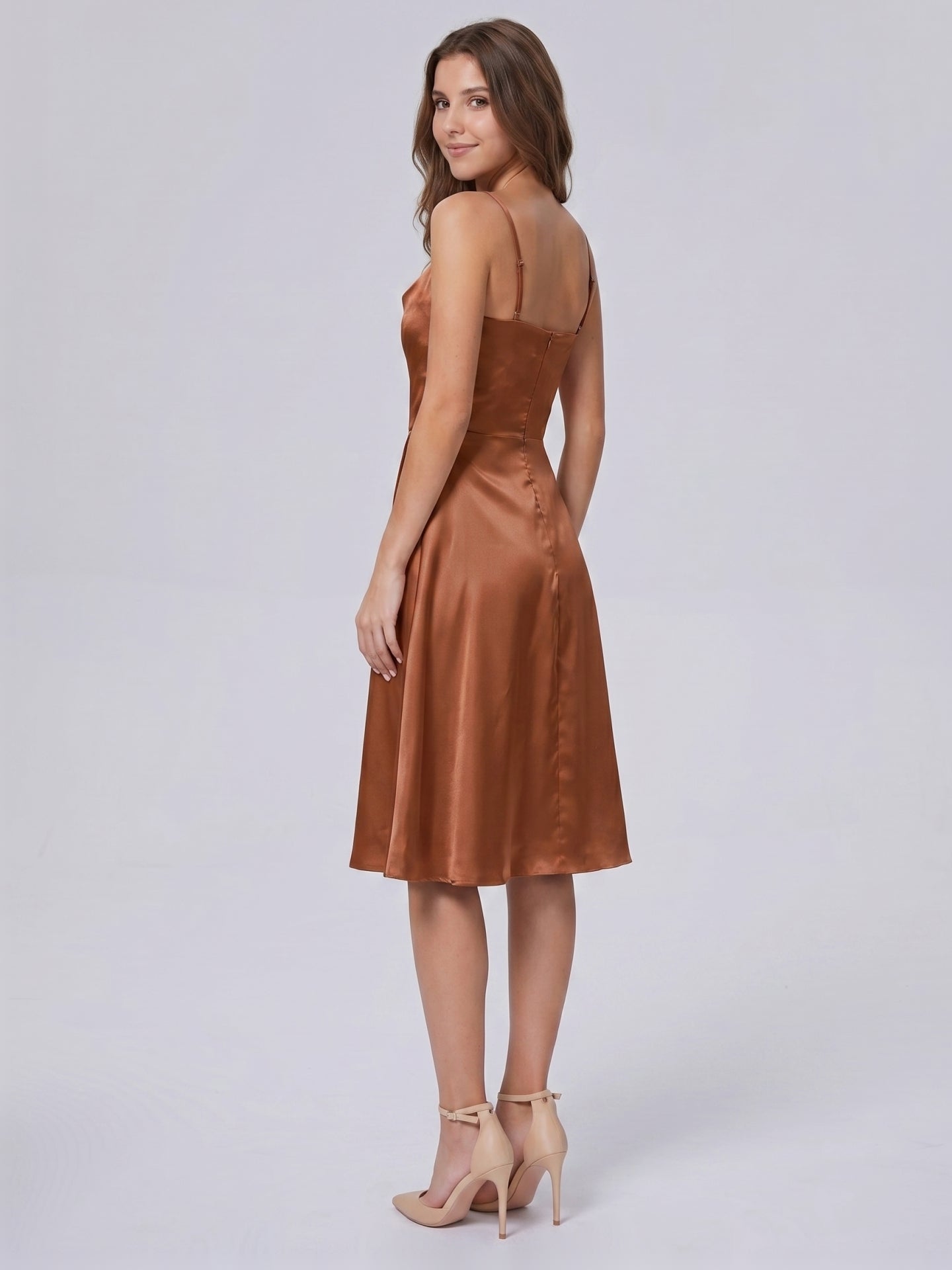 Terracotta Satin A-Line Cowl Neck Backless Knee-Length Bridesmaid Dress - Curvevia