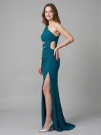 Teal Stretch Knit Mermaid One Shoulder Backless Floor-Length Pleated Bridesmaid Dress - Curvevia