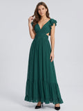 Peacock Chiffon A-Line V-Neck Criss-Cross Back Floor-Length Ruffle Bridesmaid Dress - Curvevia