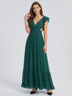 Peacock Chiffon A-Line V-Neck Criss-Cross Back Floor-Length Ruffle Bridesmaid Dress - Curvevia