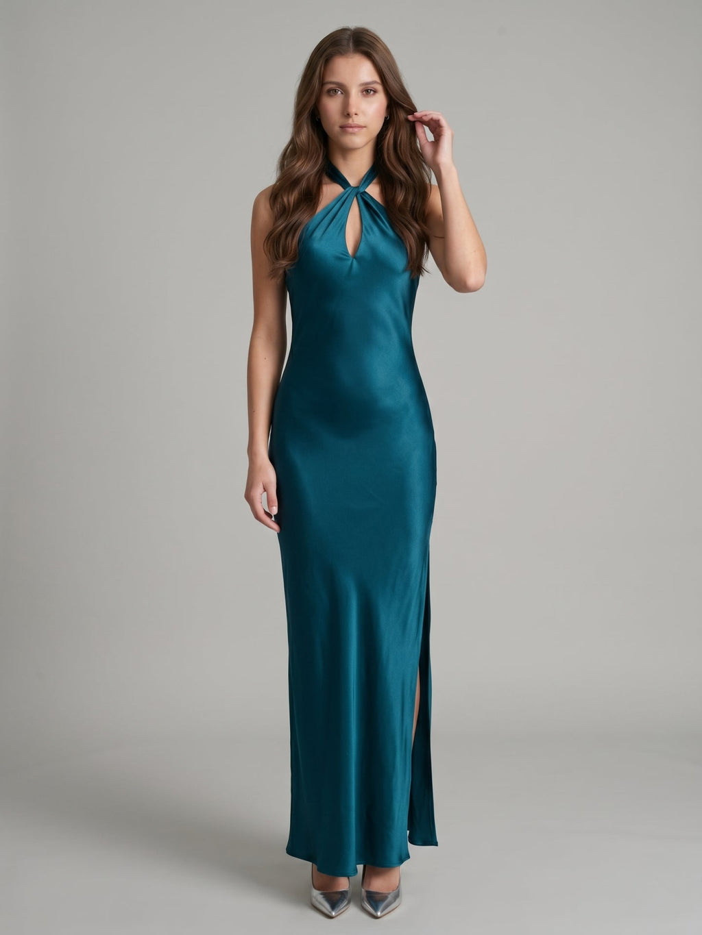 Teal Satin Column Halter Backless Floor-Length Bridesmaid Dress with Bow - Curvevia