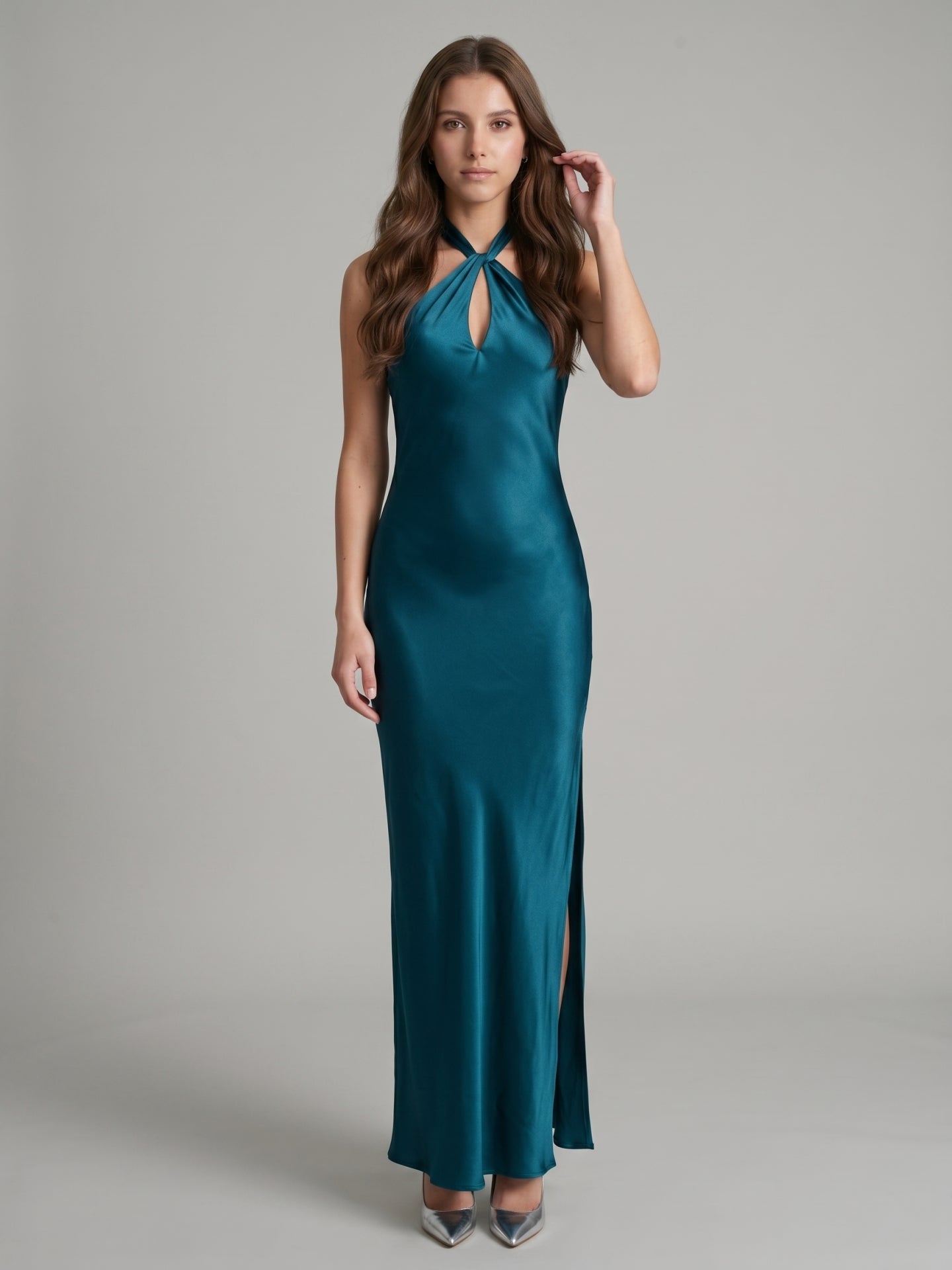 Teal Satin Column Halter Backless Floor-Length Bridesmaid Dress with Bow - Curvevia