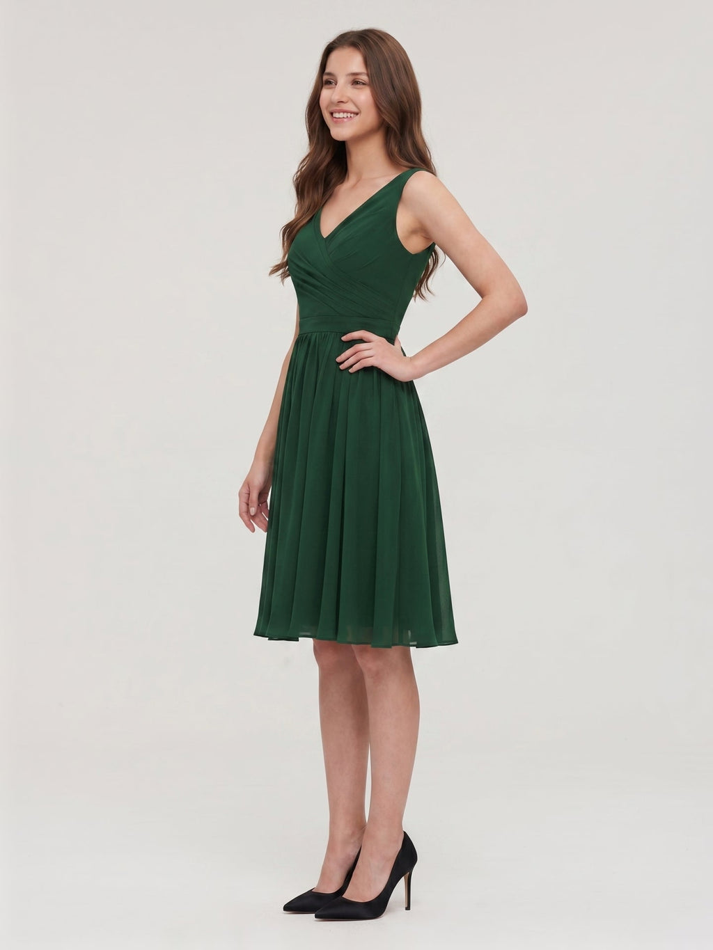 Forest Green Chiffon A-Line V-Neck V-Back Knee-Length Pleated Bridesmaid Dress - Curvevia
