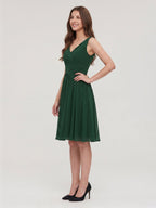 Forest Green Chiffon A-Line V-Neck V-Back Knee-Length Pleated Bridesmaid Dress - Curvevia