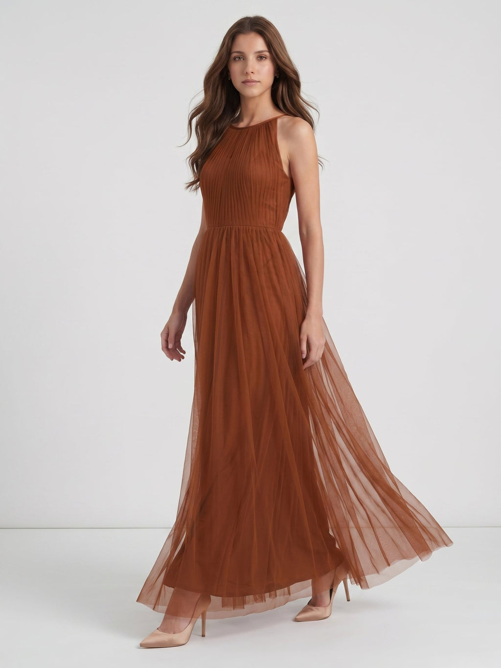 Terracotta Tulle A-Line Scoop Neck Back Zip Floor-Length Pleated Bridesmaid Dress - Curvevia