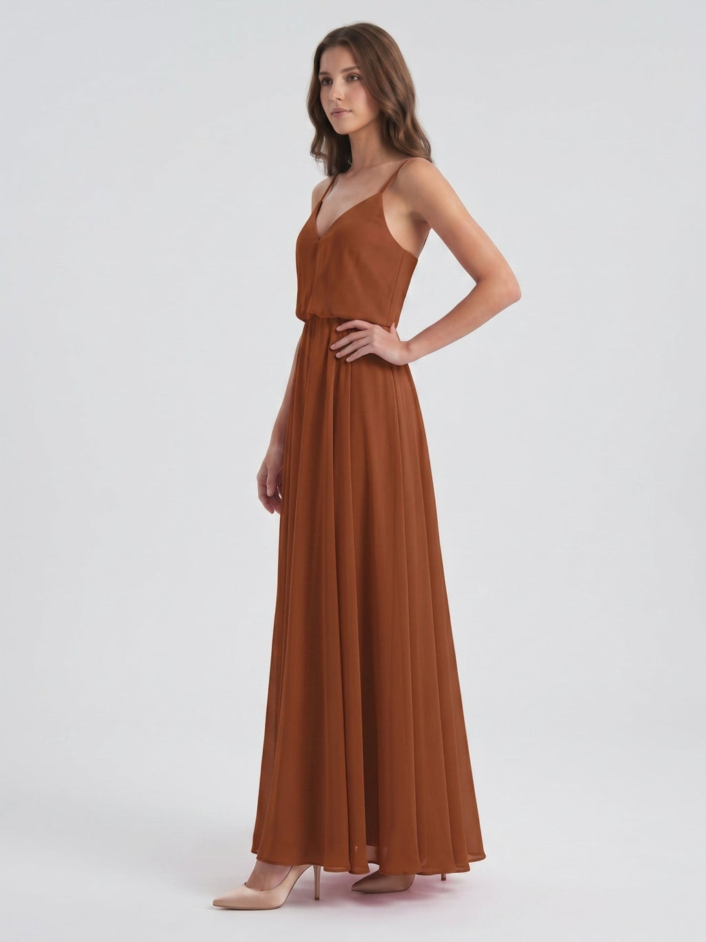 Terracotta Chiffon A-Line V-Neck Backless Floor-Length Bridesmaid Dress - Curvevia