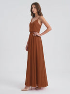 Terracotta Chiffon A-Line V-Neck Backless Floor-Length Bridesmaid Dress - Curvevia