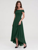 Forest Green Chiffon A-Line Off-the-Shoulder Back Zip Asymmetrical Bridesmaid Dress - Curvevia