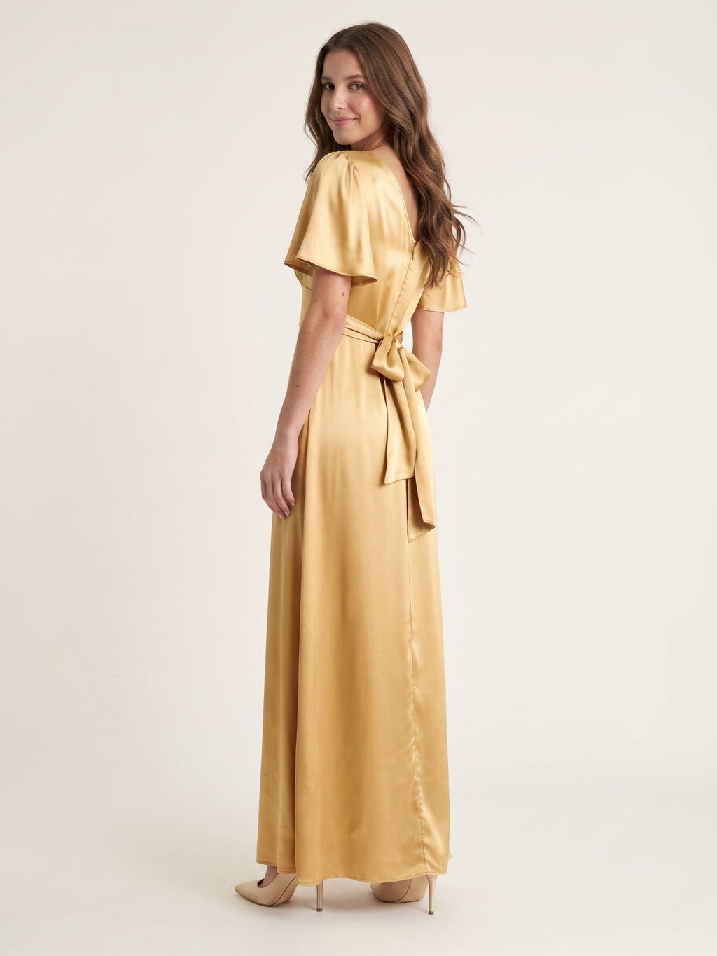 Elegant Gold Satin A-Line V-Neck V-Back Ankle-Length Bridesmaid Dress - Curvevia