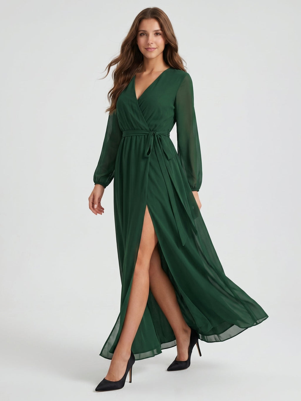 Forest Green Chiffon A-Line V-Neck Back Zip Floor-Length Pleated Bridesmaid Dress - Curvevia