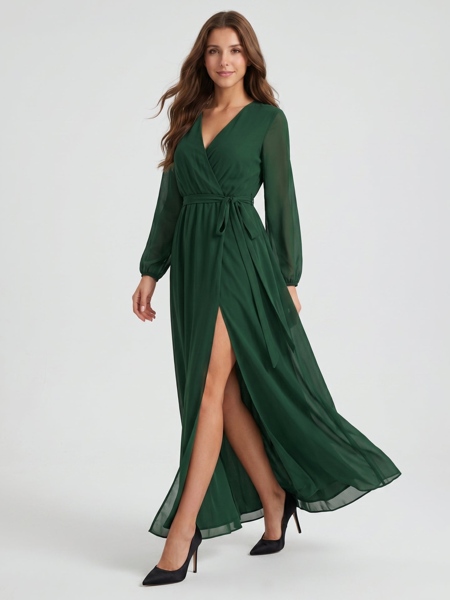 Forest Green Chiffon A-Line V-Neck Back Zip Floor-Length Pleated Bridesmaid Dress - Curvevia