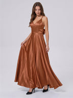 Terracotta Satin A-Line V-Neck Bow Back Floor-Length Bridesmaid Dress with Bow - Curvevia