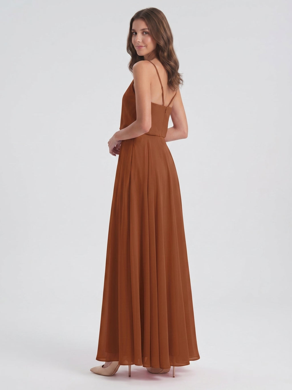 Terracotta Chiffon A-Line V-Neck Backless Floor-Length Bridesmaid Dress - Curvevia