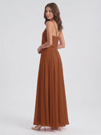Terracotta Chiffon A-Line V-Neck Backless Floor-Length Bridesmaid Dress - Curvevia