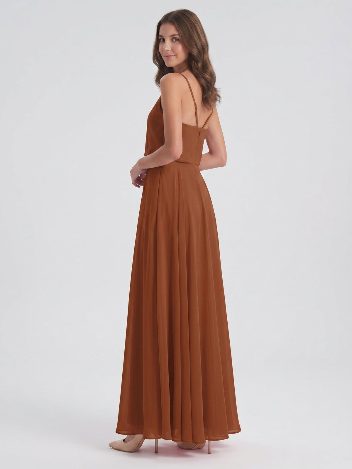 Terracotta Chiffon A-Line V-Neck Backless Floor-Length Bridesmaid Dress - Curvevia