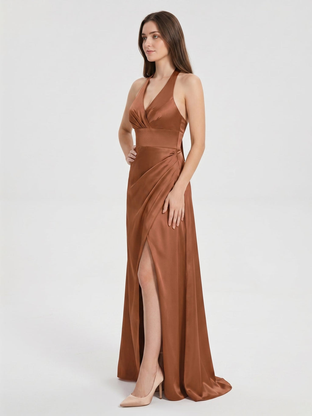 Terracotta Satin A-Line Halter Backless Floor-Length Pleated Bridesmaid Dress - Curvevia