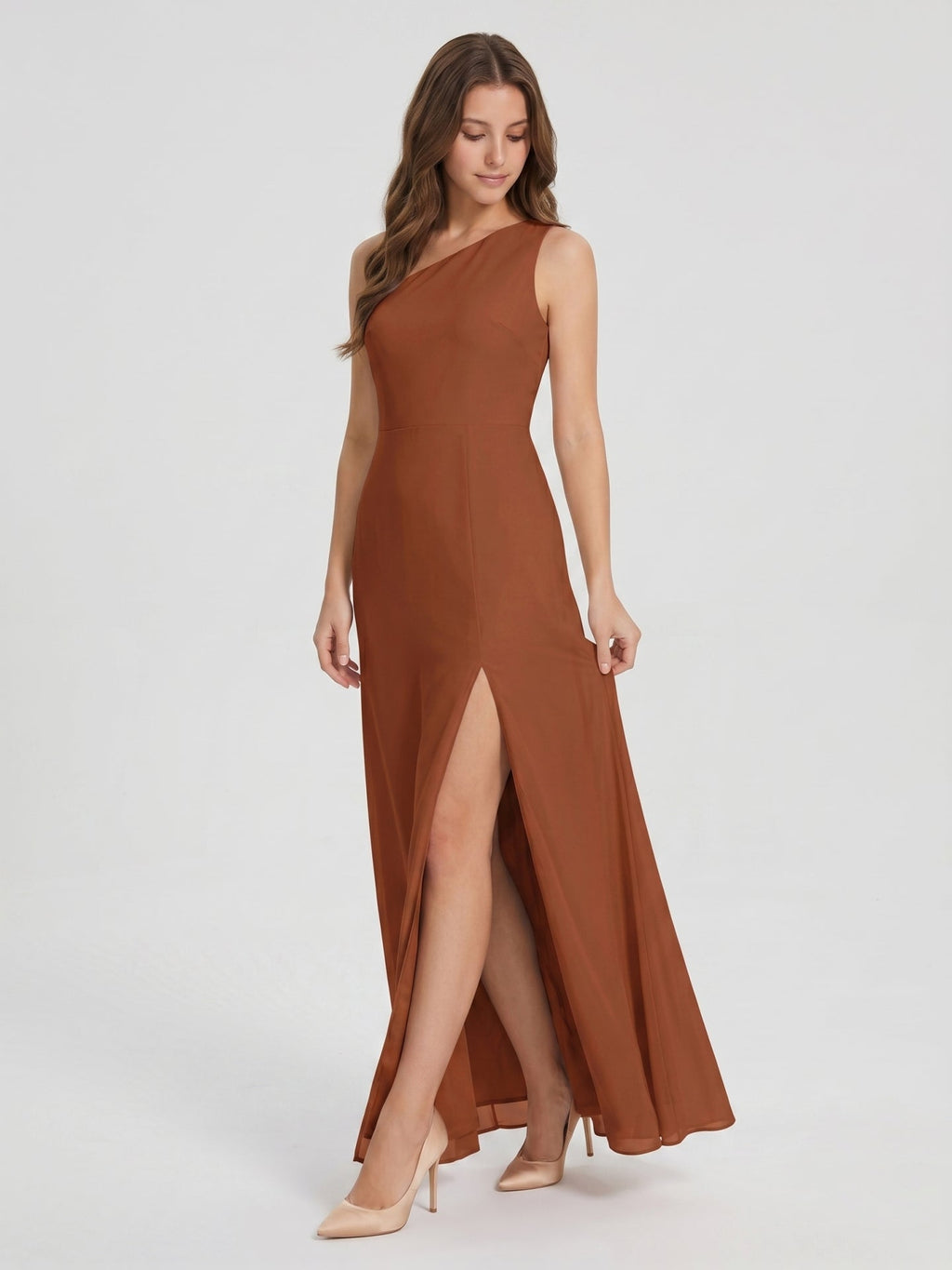 Terracotta Chiffon Column One Shoulder Side Zip Ankle-Length Bridesmaid Dress - Curvevia
