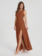 Terracotta Chiffon Column One Shoulder Side Zip Ankle-Length Bridesmaid Dress - Curvevia