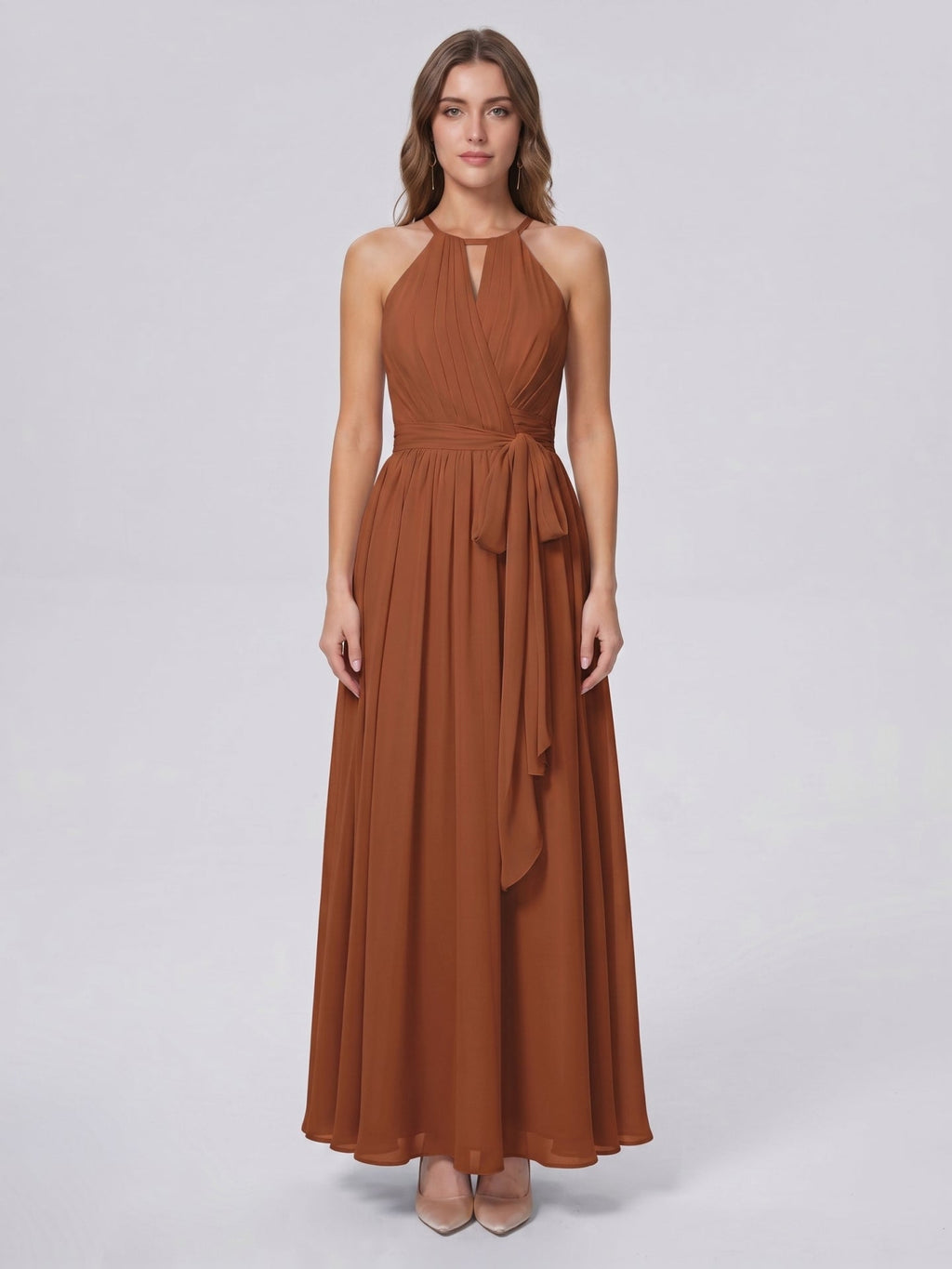 Terracotta Chiffon A-Line Halter Bow Back Floor-Length Bridesmaid Dress with Bow - Curvevia