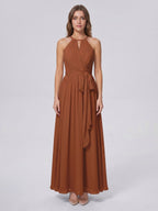 Terracotta Chiffon A-Line Halter Bow Back Floor-Length Bridesmaid Dress with Bow - Curvevia