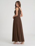 Mocha Chiffon A-Line One Shoulder Back Zip Floor-Length Pleated Bridesmaid Dress - Curvevia