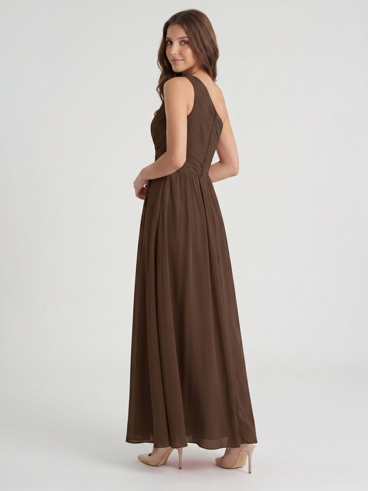 Mocha Chiffon A-Line One Shoulder Back Zip Floor-Length Pleated Bridesmaid Dress - Curvevia