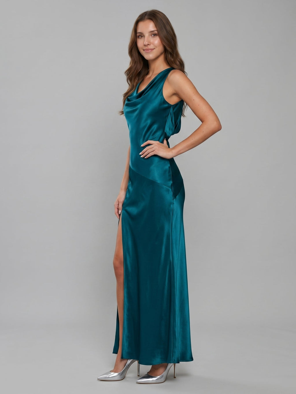 Teal Satin Sheath Cowl Neck Backless Ankle-Length Bridesmaid Dress - Curvevia
