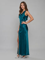 Teal Satin Sheath Cowl Neck Backless Ankle-Length Bridesmaid Dress - Curvevia