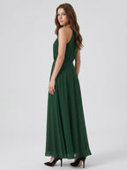 Forest Green Chiffon A-Line Halter Backless Floor-Length Pleated Bridesmaid Dress - Curvevia
