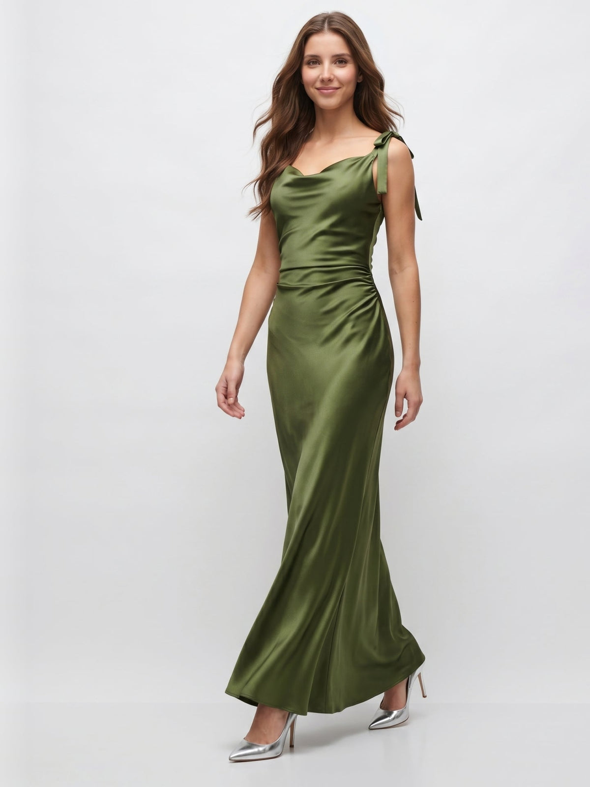 Olive Green Satin Mermaid Cowl Neck Backless Floor-Length Pleated Bridesmaid Dress - Curvevia