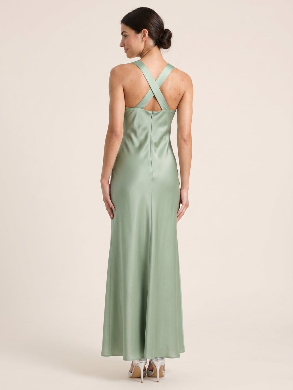 Refined Dusty Sage Satin column V-Neck Backless Ankle-Length Bridesmaid Dress - Curvevia