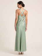 Refined Dusty Sage Satin column V-Neck Backless Ankle-Length Bridesmaid Dress - Curvevia